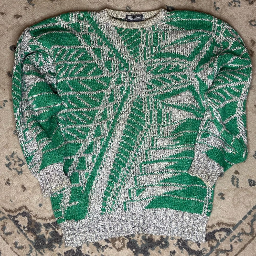 Green and white vintage 90s Ellis Island sweater knitwear